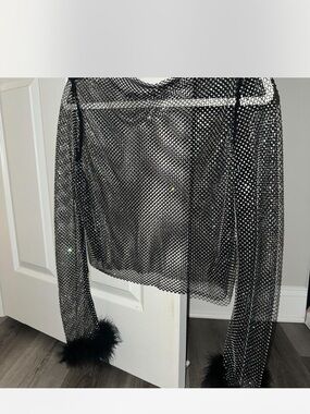 Black Sheer Rhinestone Mesh Top with Feather Cuffs